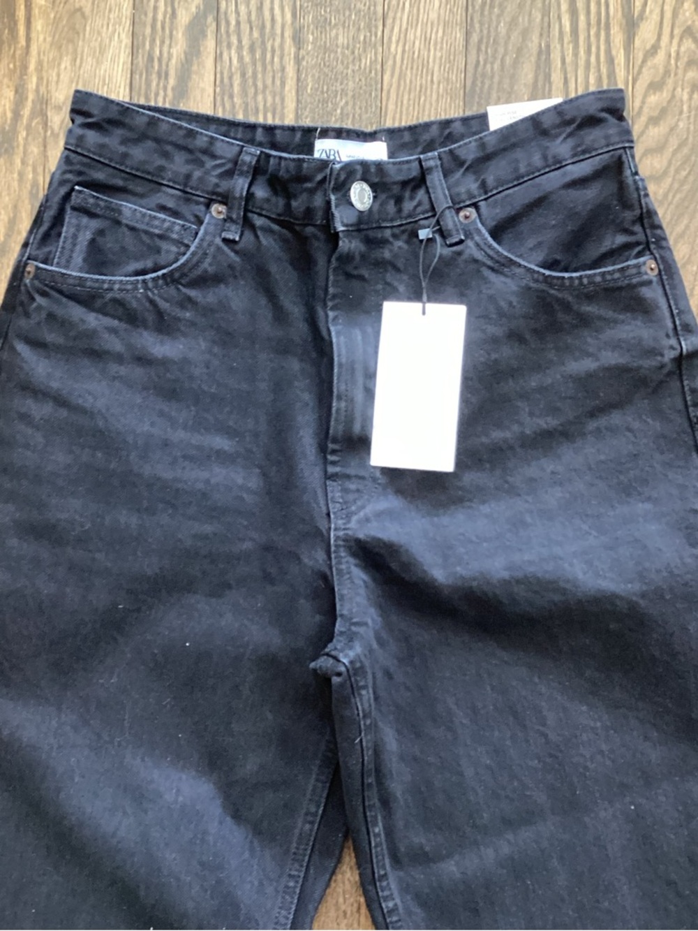 Zara Black Denim High-Rise Wide Leg Full Length Jeans Raw Hem Size 10 - Picture 3 of 13